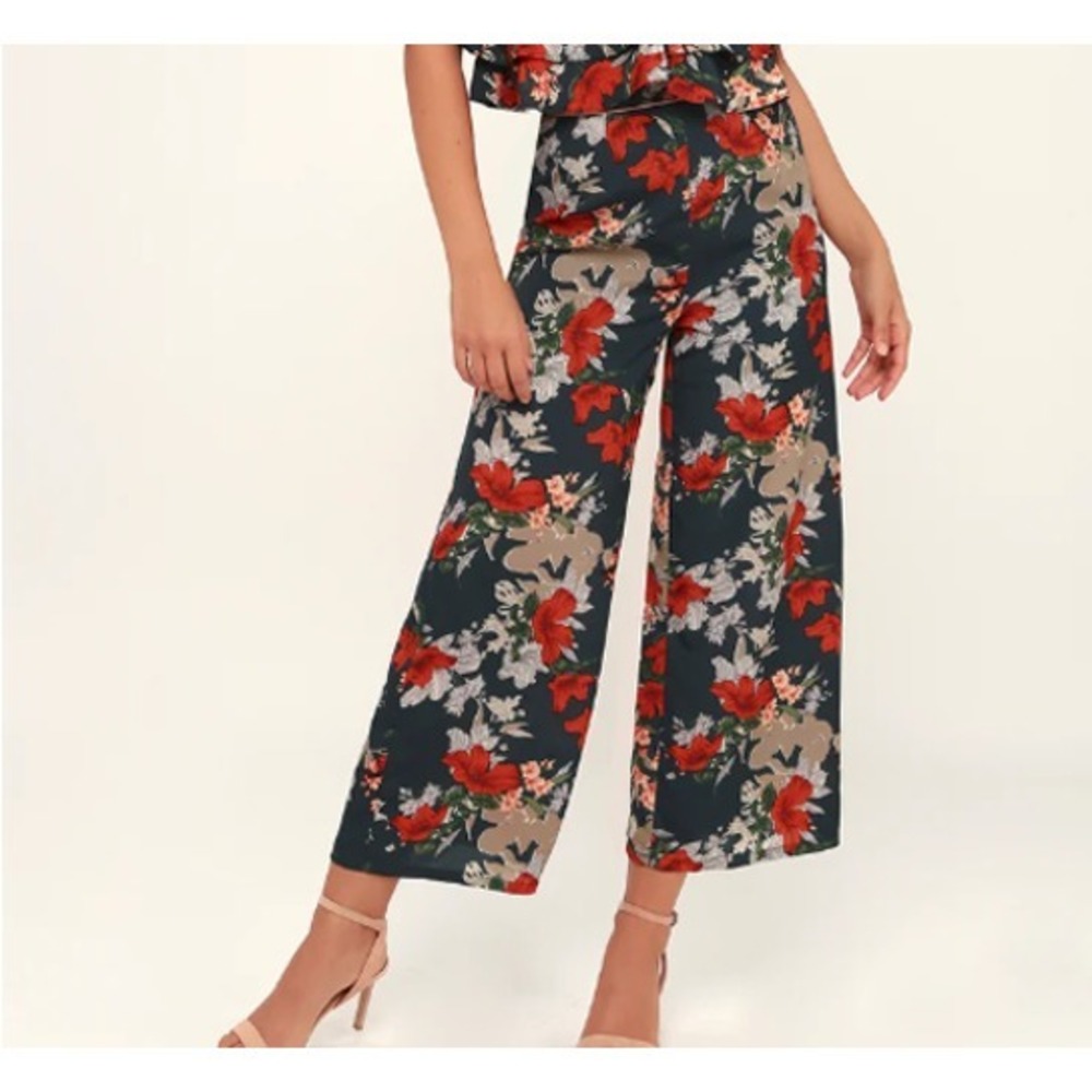Sadie & Sage Pants Women Small Floral Cropped Wide Leg Banded Waist Chic Boho
